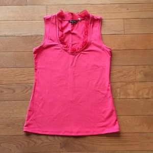 Nic + Zoe coral tank with ruffle neckline trim.